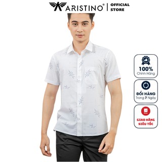Áo Sơ Mi Nam Ngắn Tay ARISTINO ASS058S1 Somi Công Sở Cao Cấp Màu Trắng In Lá Chất Sơi Sồi Mềm Mát Dáng Suông Tà Bằng