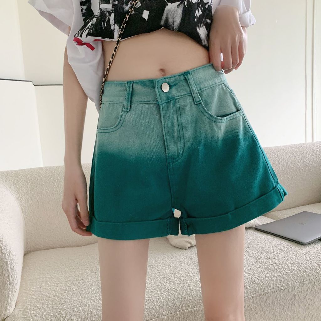 Quần Short Denim Ống Rộng Lưng Cao Màu Gradient Thiết Kế Mới Thời Trang Mùa Hè Dành Cho Nữ