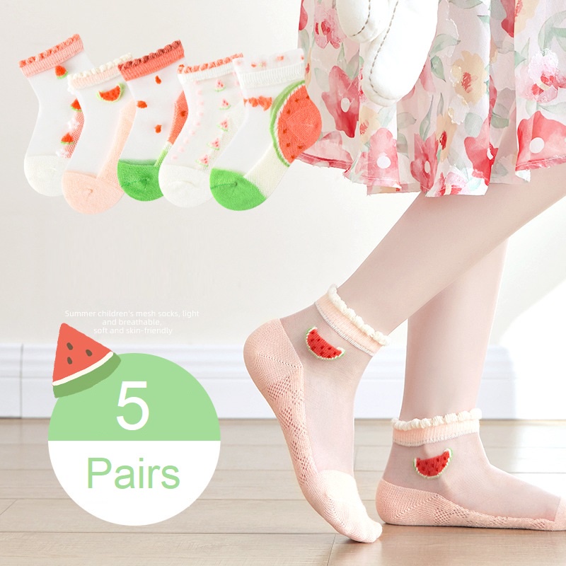 Set 5 Đôi Vớ Cotton Siêu Mỏng In Họa Tiết Trái Cây/Dưa Hấu Hoạt Hình Mùa Hè Cho Bé Gái Từ 1-12 Tuổi