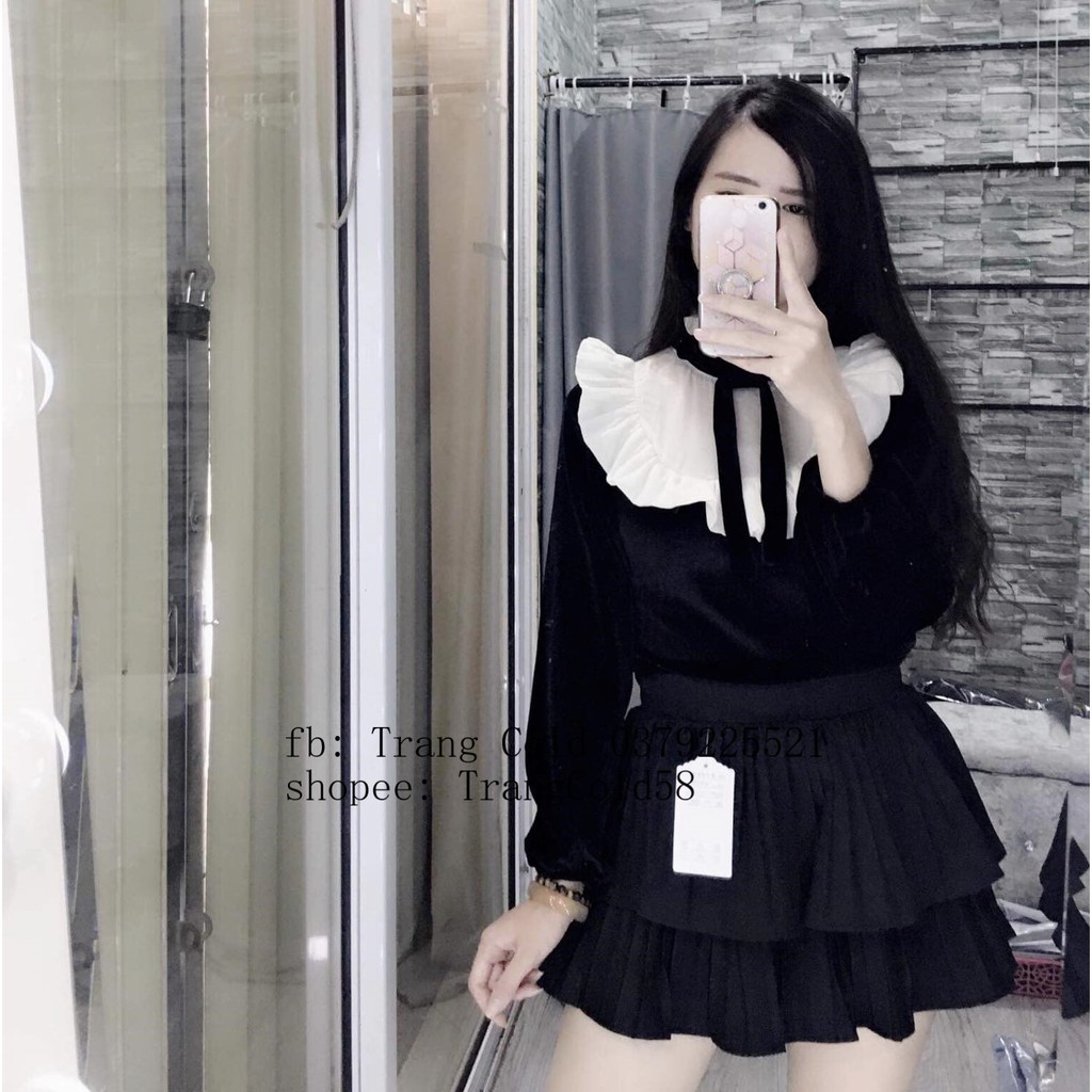 Áo nhung cổ nơ hàng QC đẹp