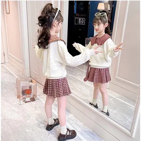 Váy bé gái áo len xốp và váy kẻ xếp ly xòe liền quần XHN1072