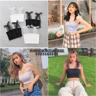 ÁO 2 DÂY CROPTOP LƯỚI THẮT NƠ ĐEN TRẮNG BOZIP  - ÁO QUÂY NGỰC BUỘC VAI NƠ REN KIỂU