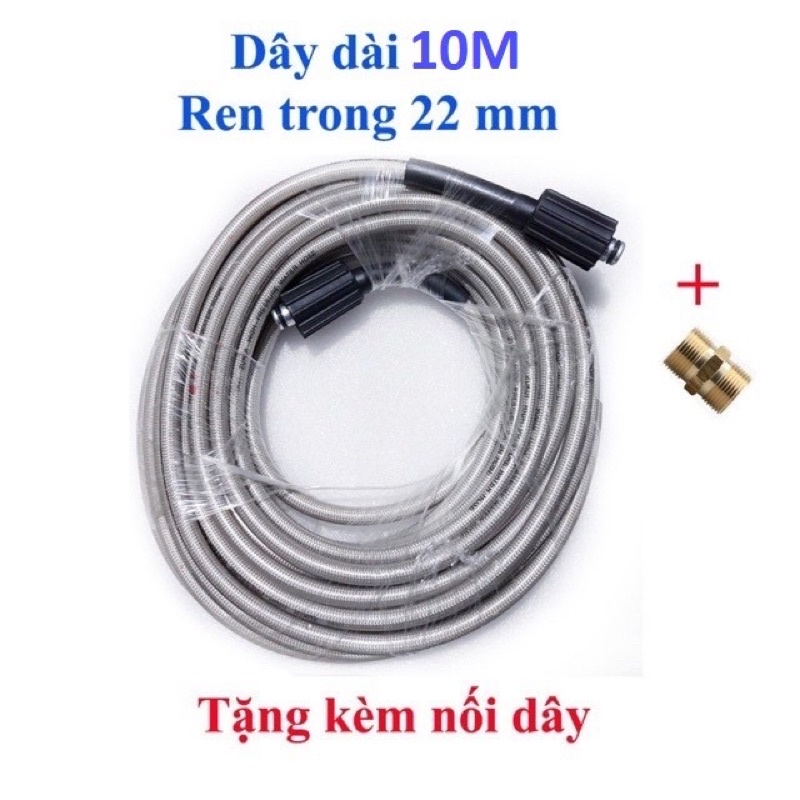 Dây rửa xe 10M,15M,20M áp lực cao 2 đầu to ren 22 tặng kèm khớp Đồng nối dây ren 22mm