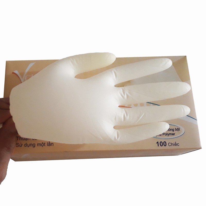 Găng tay Latex không bột phủ Polymer Vglove Khải Hoàn hôp 100 chiếc màu trắng