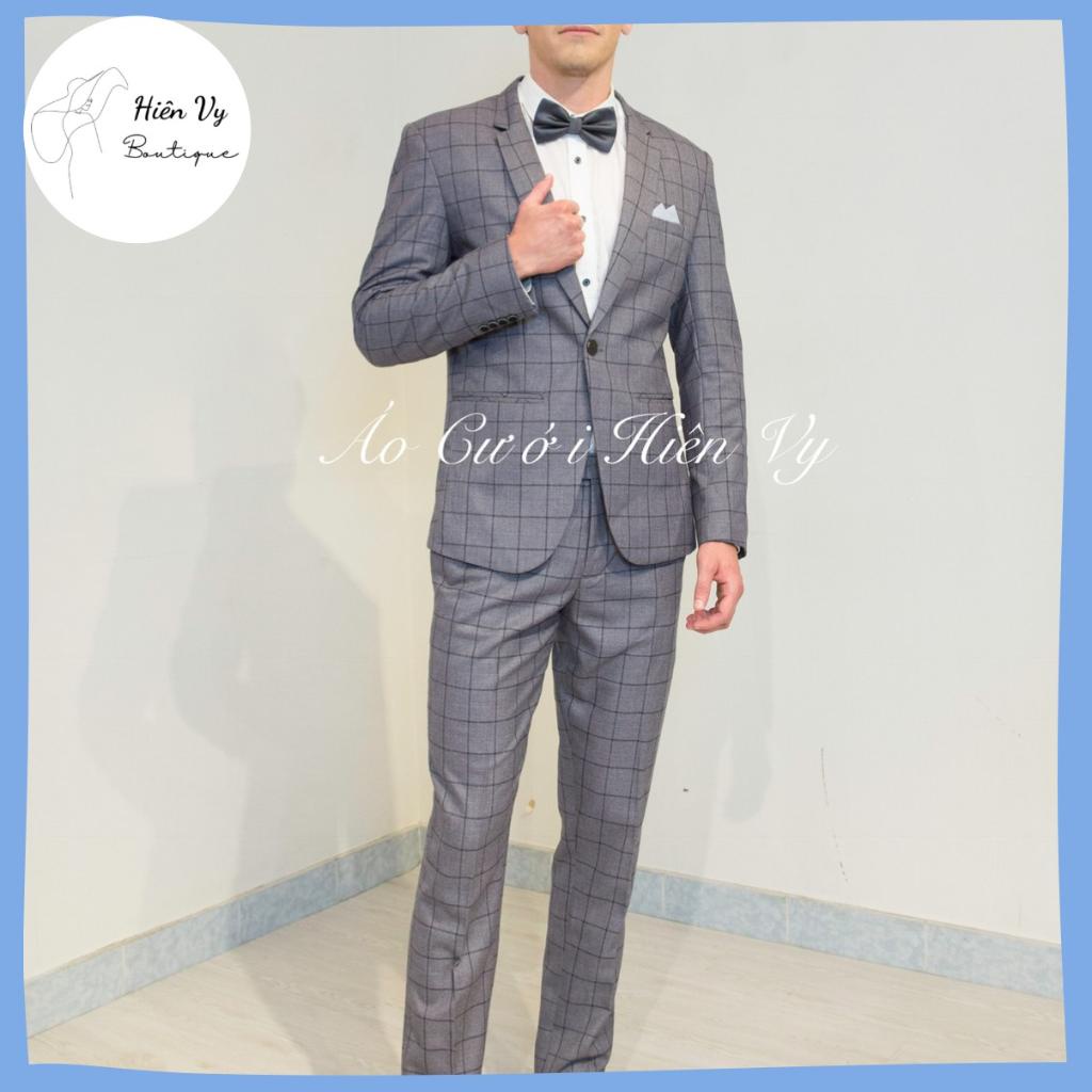 Bộ vest nam xám kẻ ô, suits sartorial, form ôm Hiên Vy Boutuique.