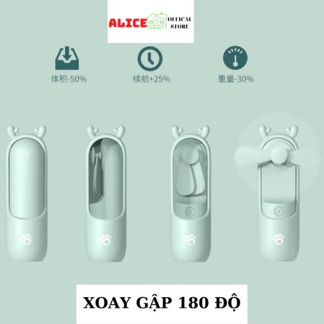 Quạt phun sương mini cầm tay kiêm sạc dự phòng hình thỏ hươu dễ thương xoay 180 độ pin trâu 2000mAh - Alice store