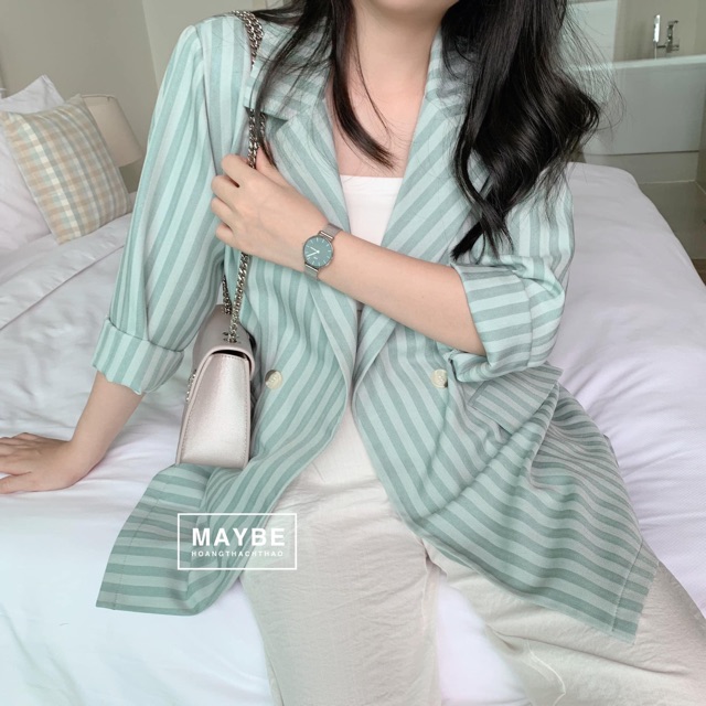 Áo vest kẻ 2 cúc xanh - Hồng
