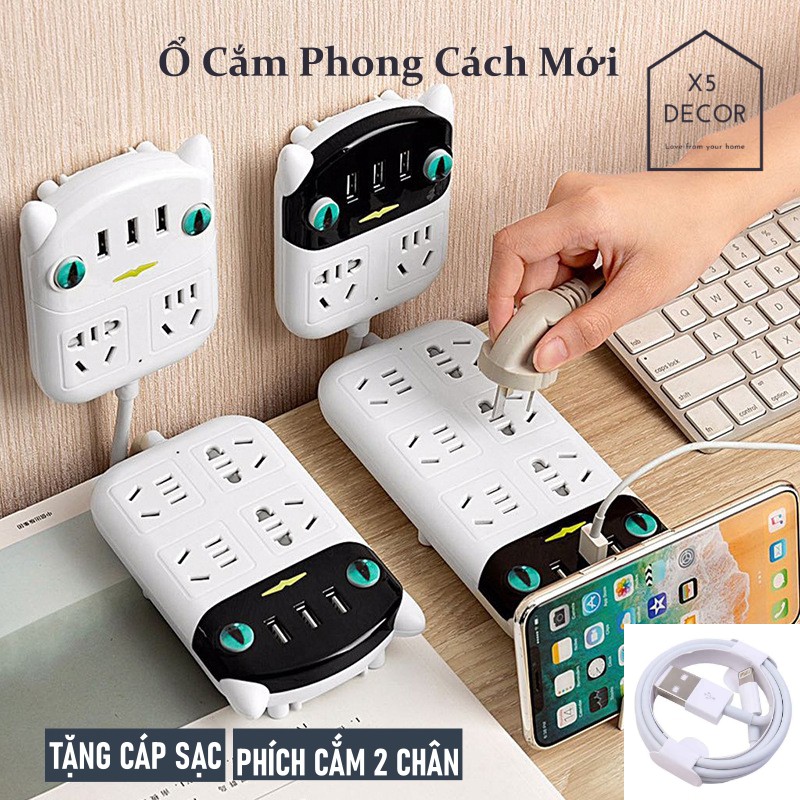 [TẶNG 1 BÚT] Ổ Cắm Điện Cao Cấp hình Mèo An Toàn - Chuyển đổi đa năng USB sạc nhanh chắc chắn bền chịu tải, chống giật