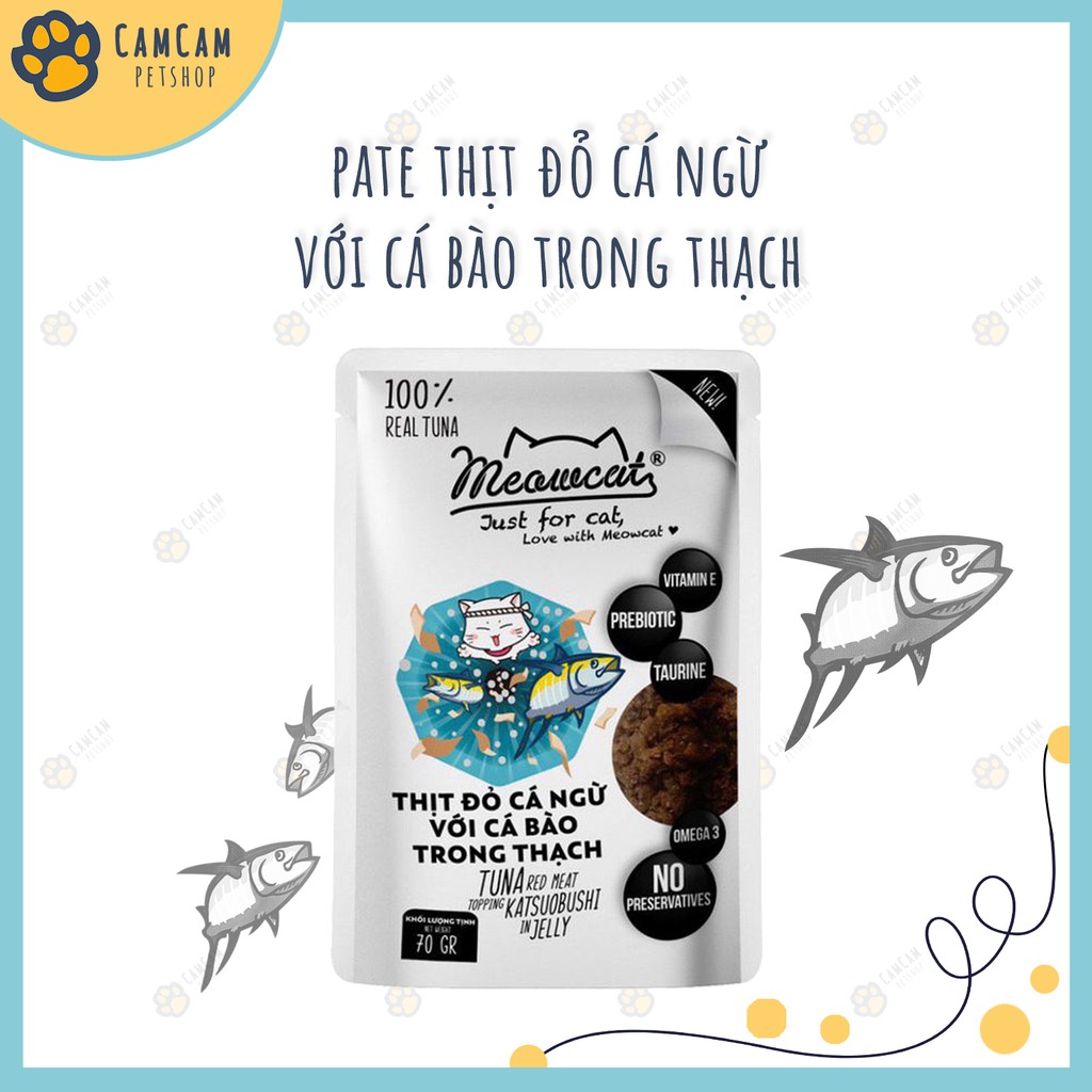 Pate cho mèo Meowcat Gói 70gr - Thức ăn cho mèo dạng thạch với thành phần chính cá ngừ và đa dạng nhân thơm ngon