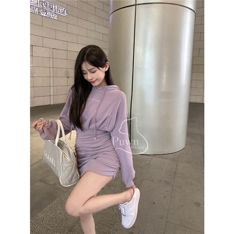 Váy Hodies mũ tai mèo, bó eo rút 2 bên màu tím dễ thương năng động Puwn Shop
