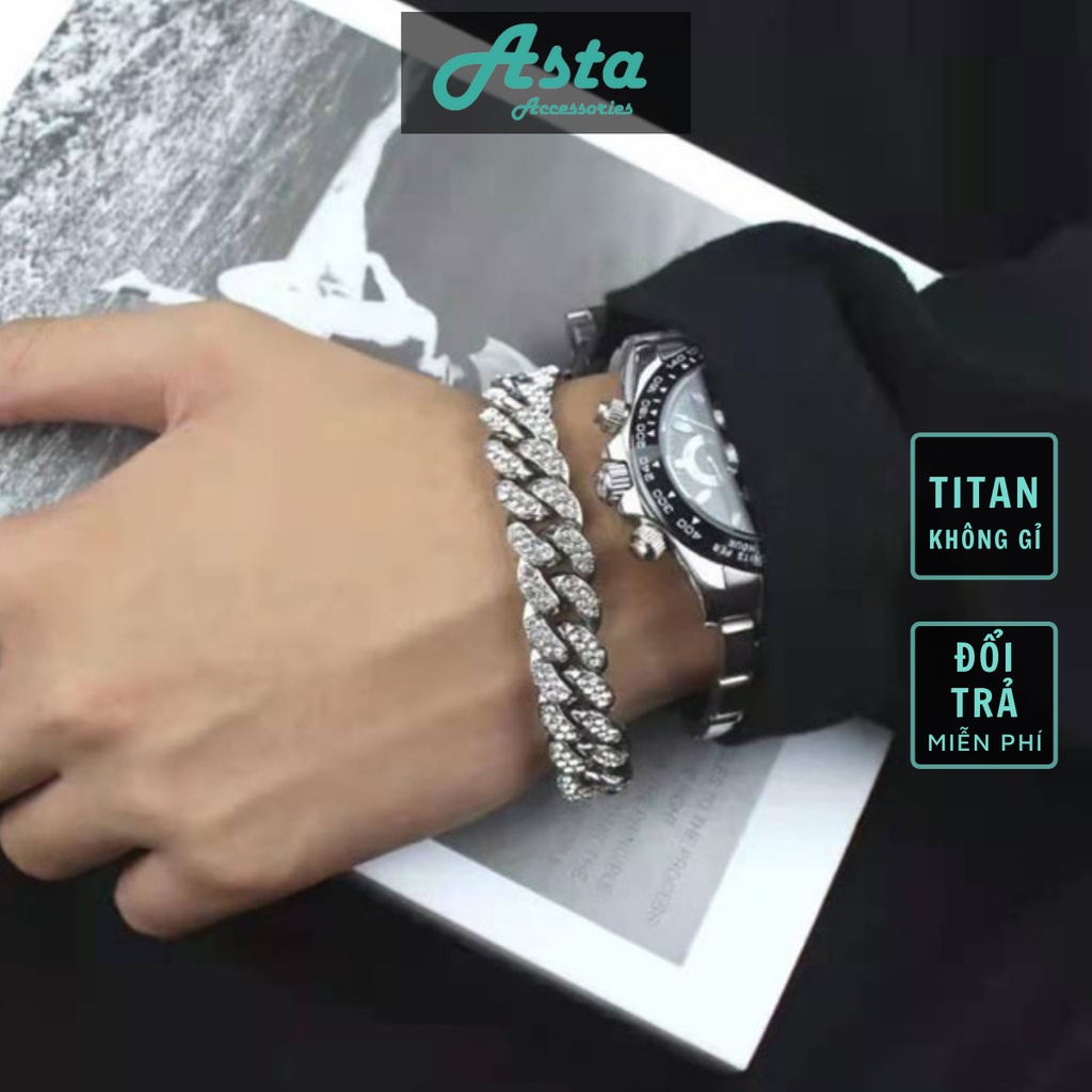Vòng tay nam nữ thời trang + dây chuyền lắc tay unisex màu bạc Asta Accessories Titan không gỉ - Cuban đá
