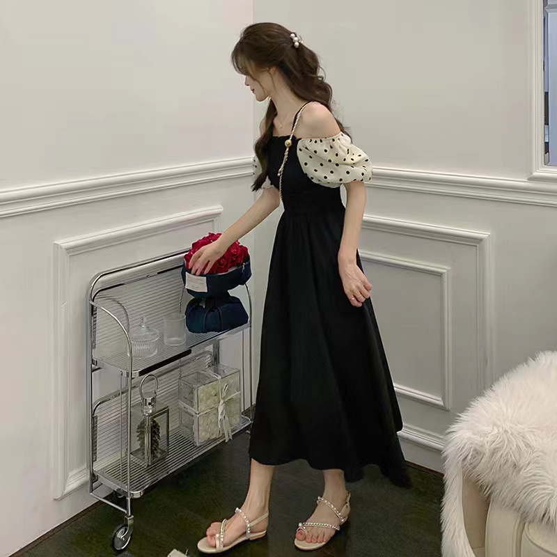 Đầm PERTY dáng dài tay ngắn phồng họa tiết chấm bi phong cách Hàn Quốc mới thời trang mùa hè dành cho nữ