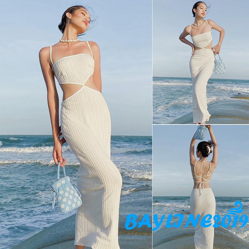 Đầm Dài Hai Dây Ôm Dáng Không Tay Màu Trơn Hở Lưng Cao Thắt Nơ Thời Trang Mùa Hè Cho Nữ
