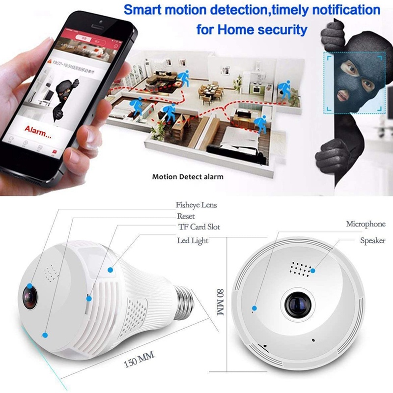 LED Light 1080P Wifi Camera 360 °Panoramic Home Security Smart (32G)