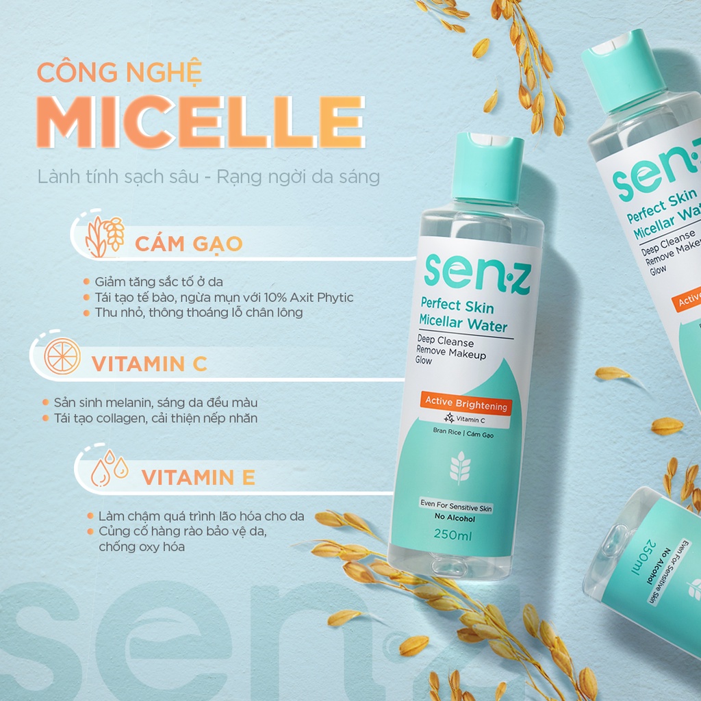 Nước Tẩy Trang Micellar Water Chiết Xuất Cám Gạo Làm Sạch Hỗ Trợ Sáng Da SenZ Perfect Skin 250