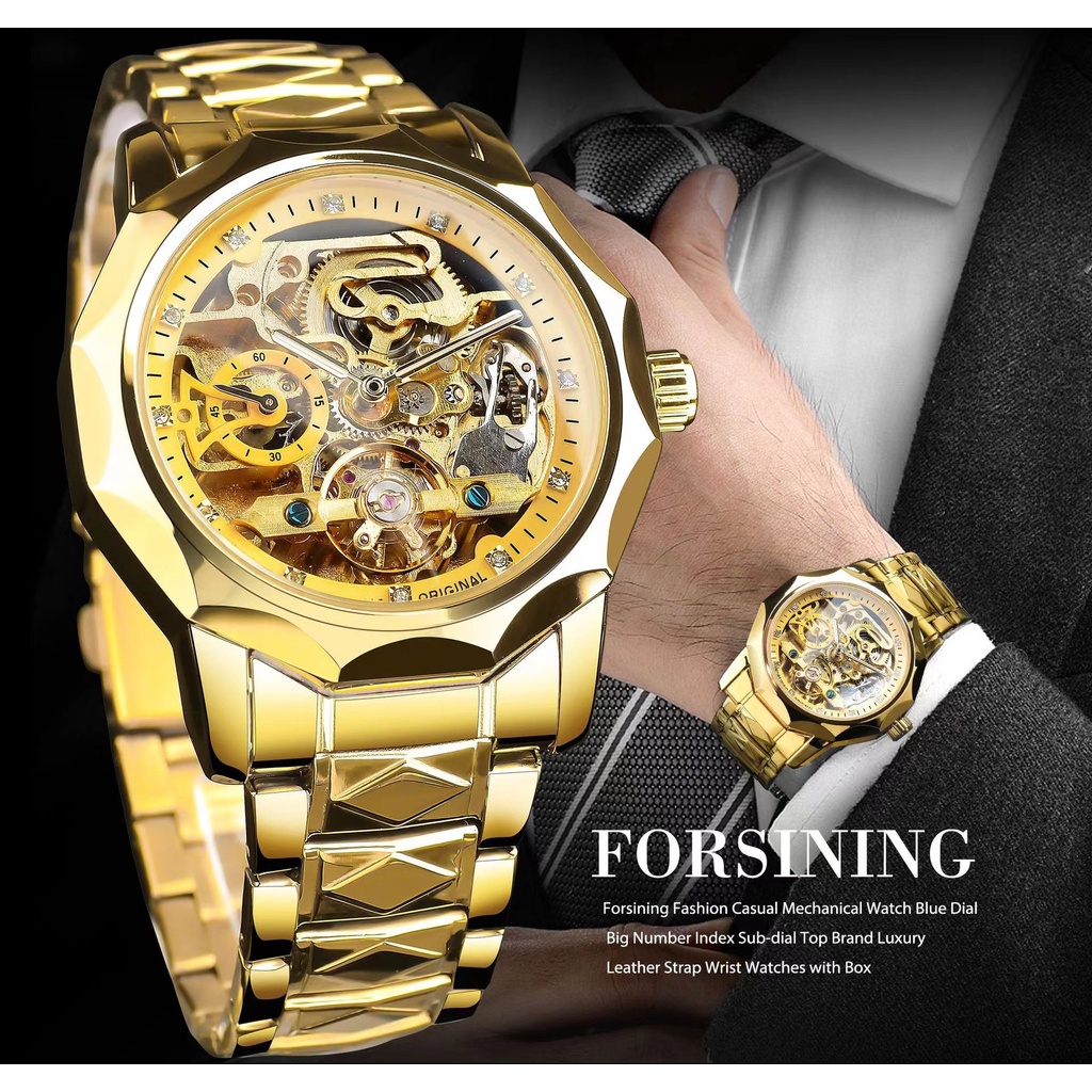 FORSINING Đồng Hồ Cơ Tự Động Chống Thấm Nước Đính Đá Thời Trang Dành Cho Nam