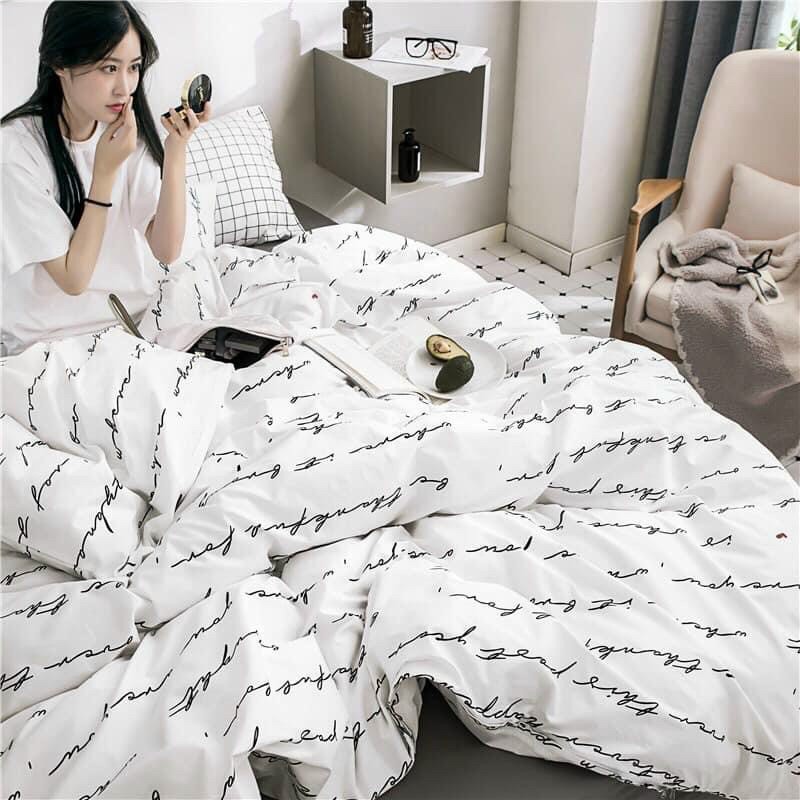 Bộ Chăn Ga Gối Bò Mẫu Chữ Ký Trắng Đơn Giản Độc Đáo Sunny Bedding Cho Nệm Drap M2,M4,M6,M8,2m2 Chất Liệu Cotton Poly