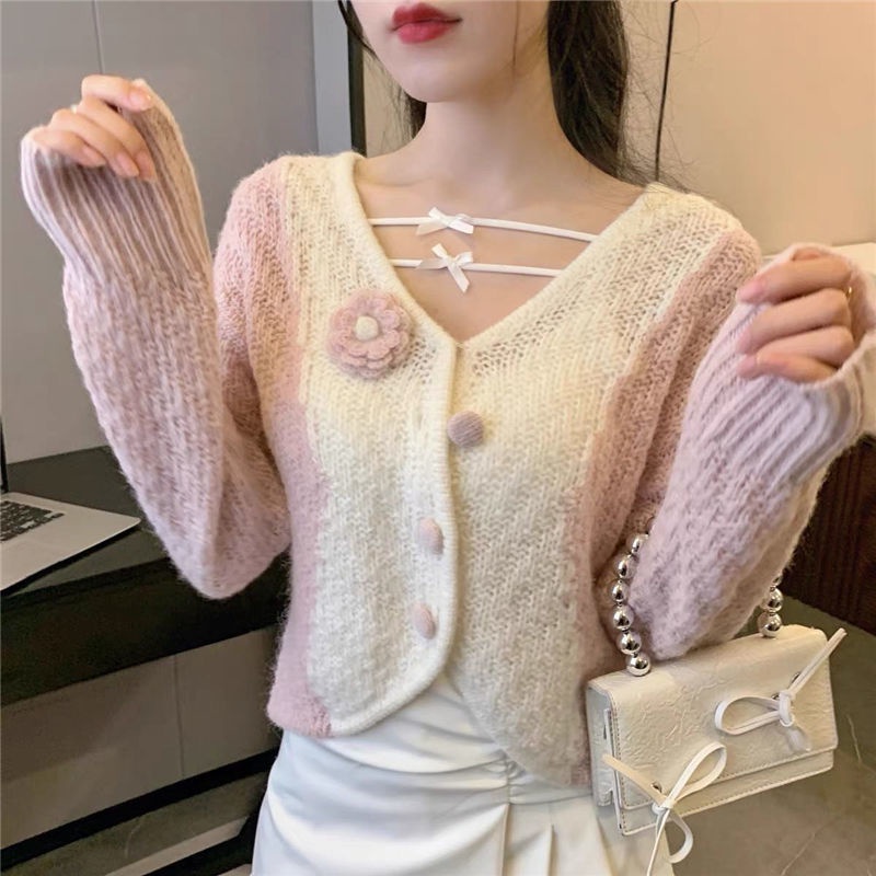 Áo Dệt Kim Tay Dài Cổ Thấp Họa Tiết Hoa Ba Chiều Thời Trang Mùa Thu Phong Cách Hàn Quốc Cho Nữ