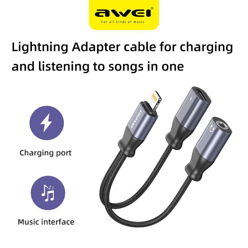 Cáp Chuyển Đổi Awei Cl-73 2 Trong 1 Sang Cổng Âm Thanh 3.5mm Dùng Sạc Cổng Lightning Và Nghe Nhạc