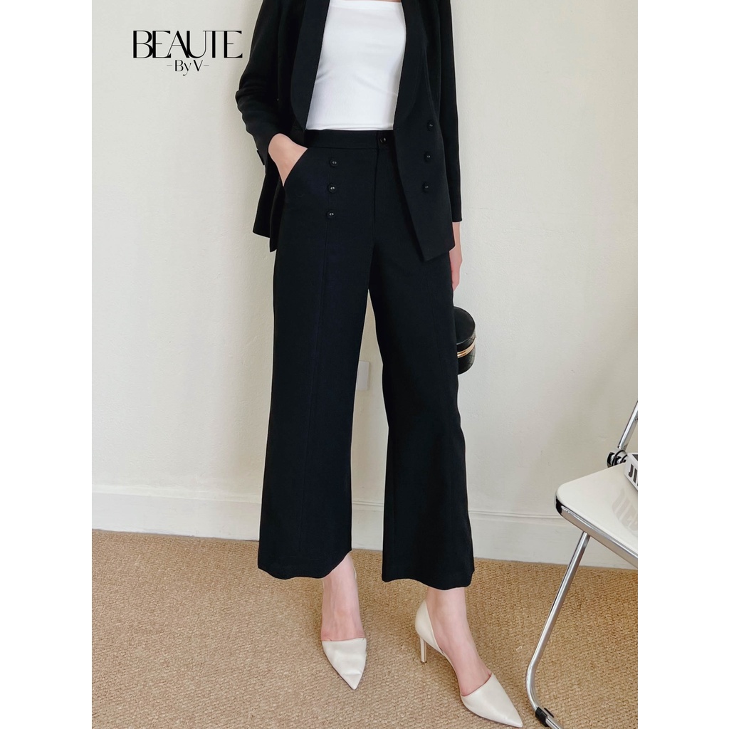BEAUTEBYV - Quần ống rộng nữ đính 6 khuy bọc trang trí Hindy