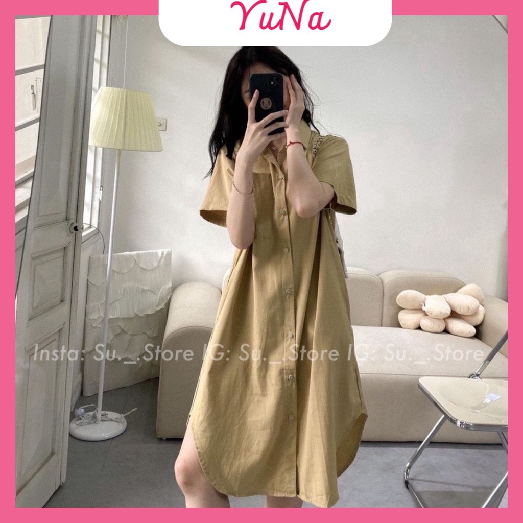 Váy sơ mi YUNA dáng dài tay ngắn cổ đức phối túi ngực vạt bầu dáng suông chất liệu đũi xước mềm mịn thoáng mát