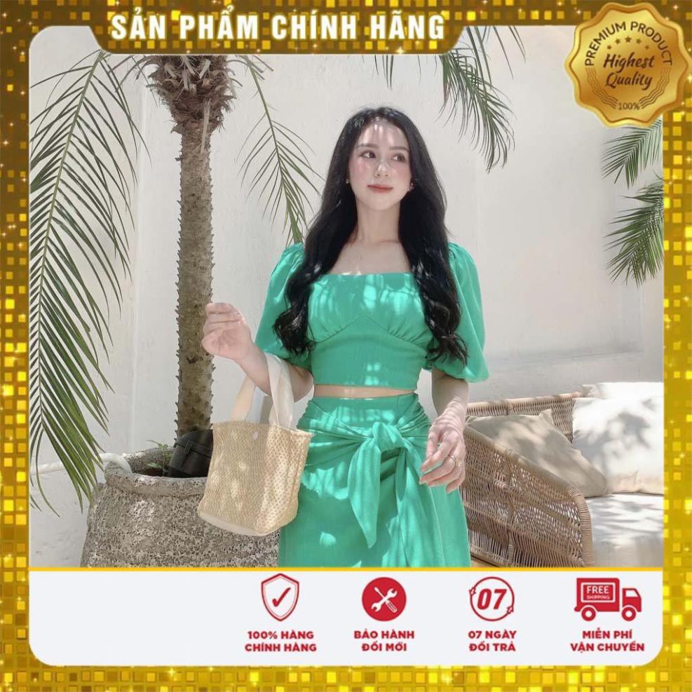 [FLASH_SALE] SET ÁO CỔ VUÔNG + CHÂN VÁY CỘT NƠ - CHẤT LIỆU KAKI NHẬP KHẨU - MÀU XANH NGỌC/NÂU TÂY [HÀNG THIẾT KẾ] | BigBuy360 - bigbuy360.vn