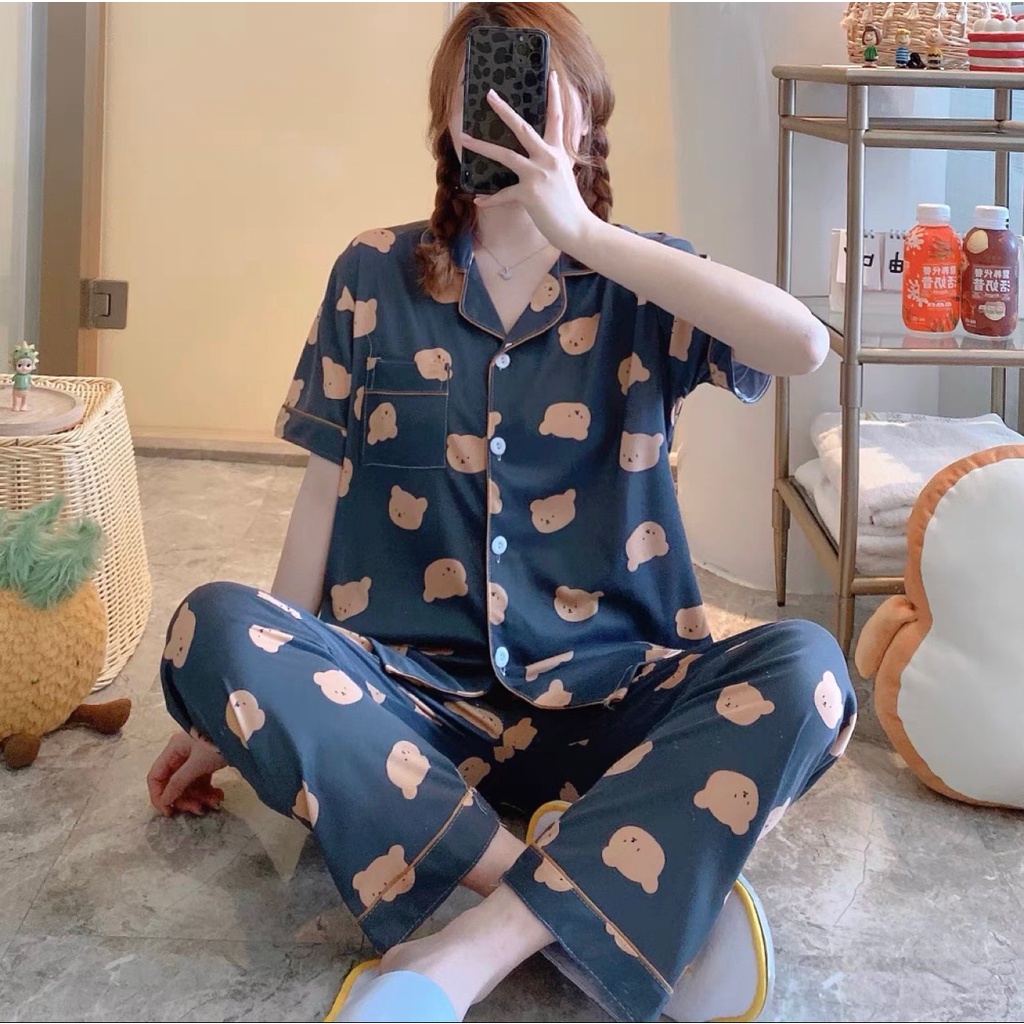 Đồ bộ pijama mặc nhà họa tiết dễ thương tay Cộc quần Dài đồ ngủ nữ