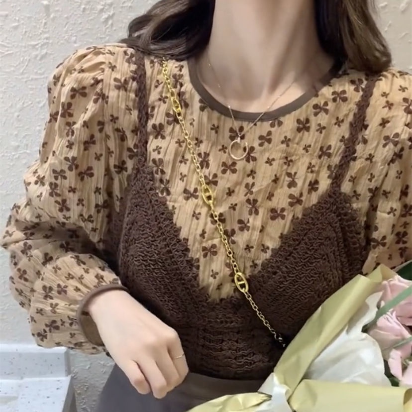 Set áo sơ mi tay dài họa tiết hoa + áo khoác voan thời trang mùa thu mới 2021