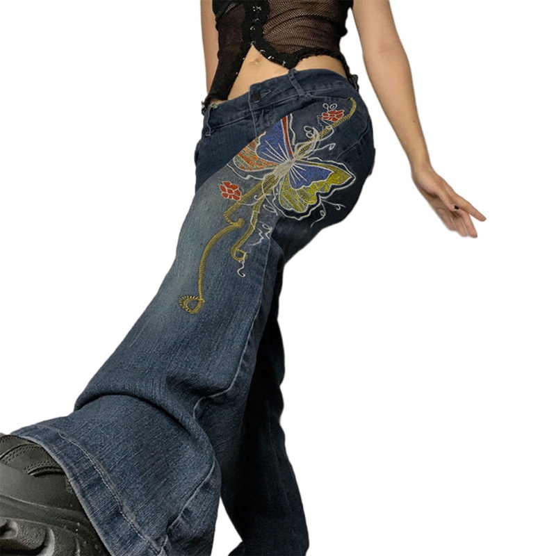 Quần Jean Ống Rộng Lưng Thấp Họa Tiết Bướm Nhiều Màu Sắc Phong Cách Harajuku Cho Nữ