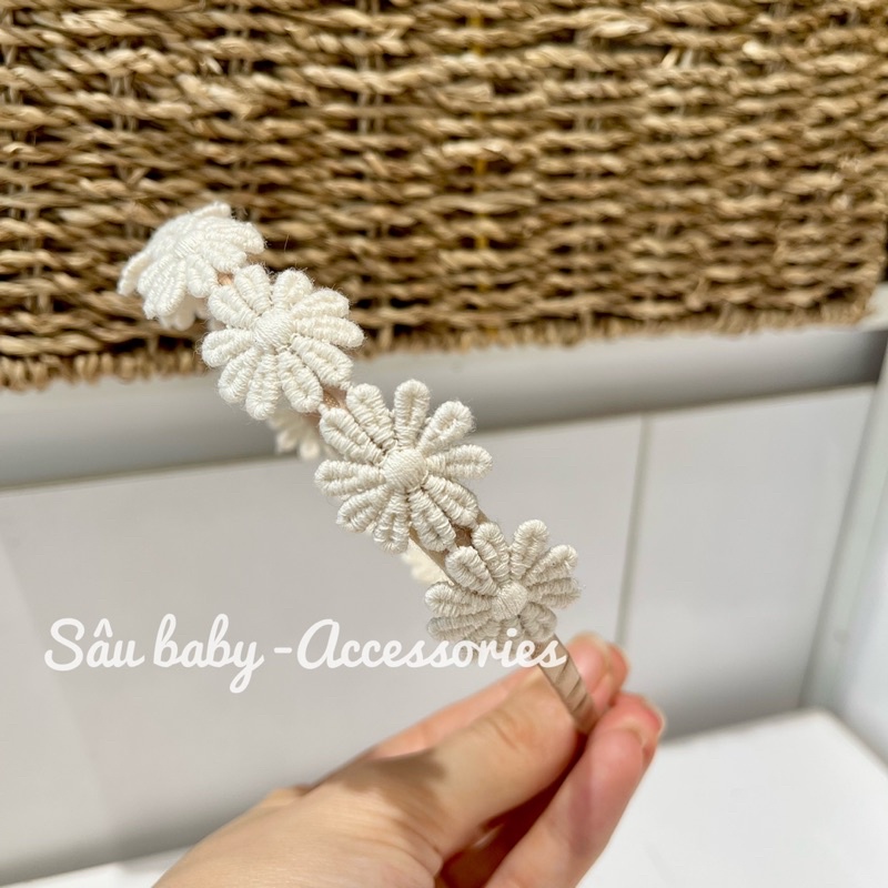 Bờm xước tóc, turban, kẹp tóc hoa màu kem Hàn Quốc cho bé