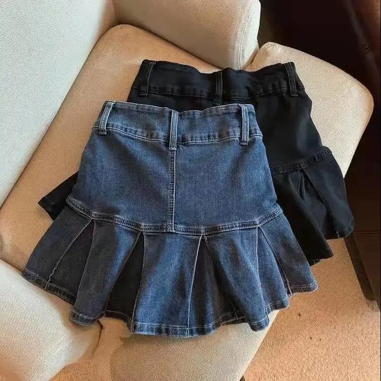 Chân váy denim xếp ly chữ A lưng cao chống lộ hàng phong cách Hàn Quốc thời trang mùa hè cho nữ