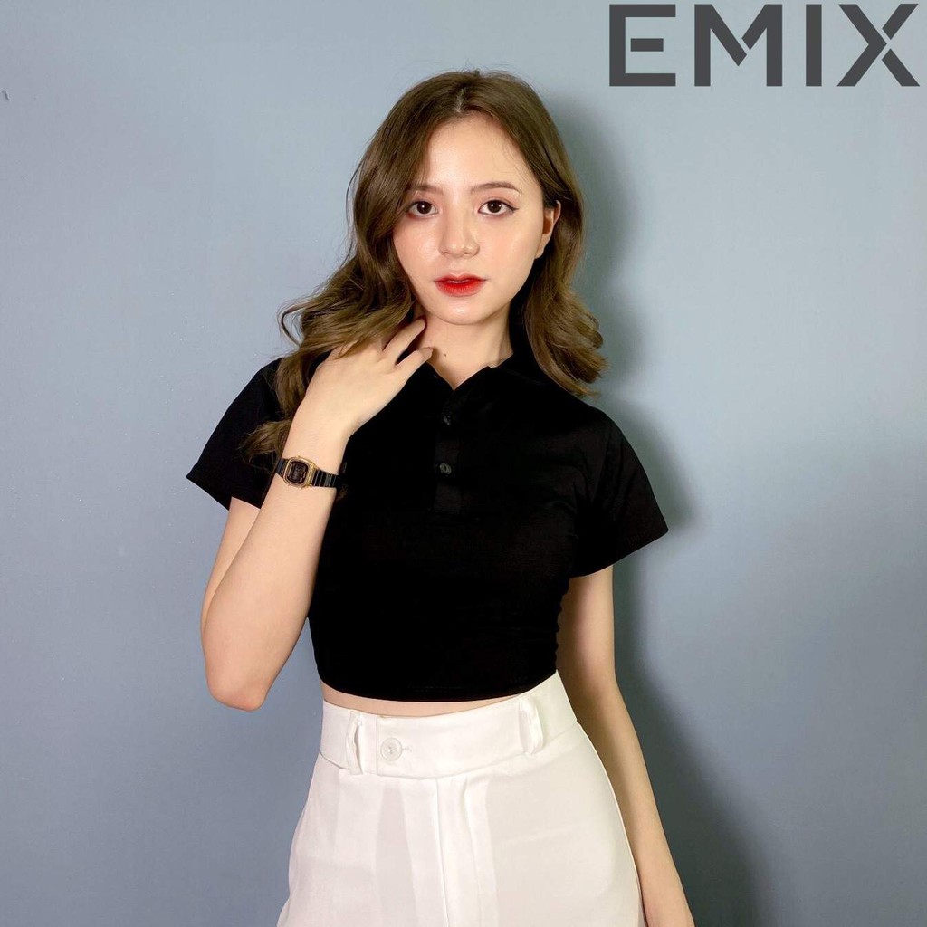 Áo croptop nữ cơ bản EMIX (2 màu), cộc tay, cổ bẻ polo, dáng ngắn 40cm, chất thun hàn, mềm mại, siêu mát. KHÔNG DÃO | BigBuy360 - bigbuy360.vn