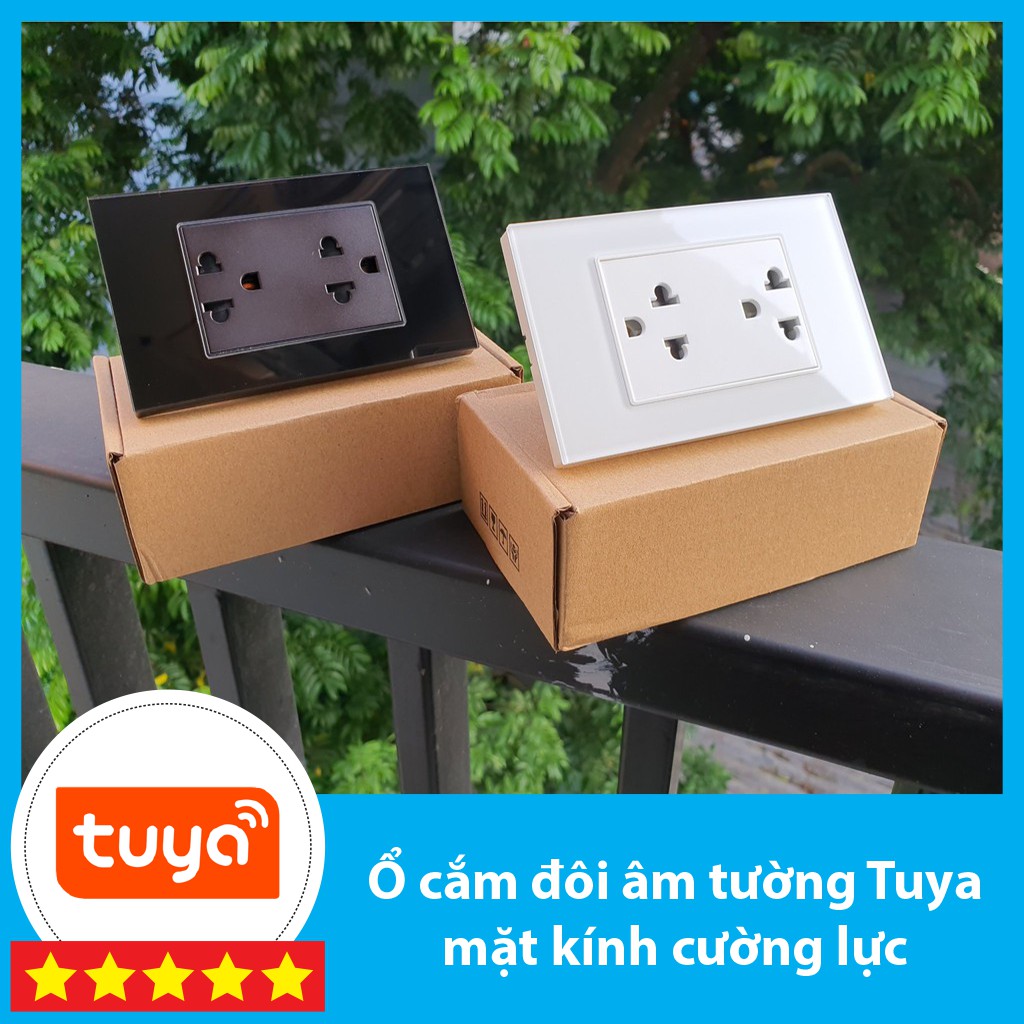 Ổ cắm đôi âm tường Tuya mặt kính cường lực khung kim loại - Đen/Trắng Hỗ trợ nối đất an toàn