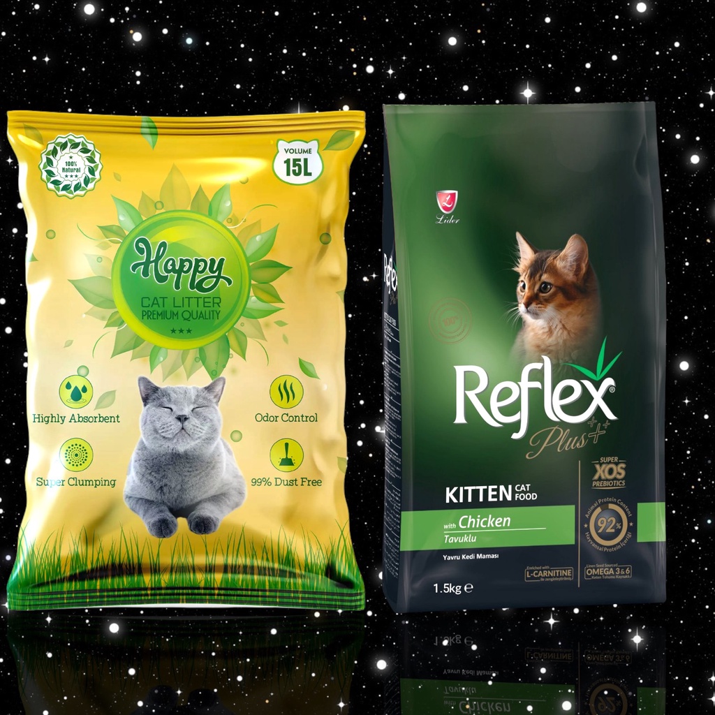 Combo Thức ăn mèo Reflex plus Kitten 1,5kg vị gà và cát Happy kháng khuẩn 15L