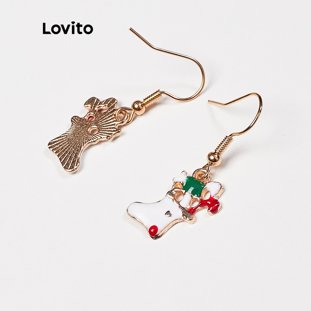 (Hàng có sẵn) Lovito Khuyên tai hình tuần lộc 2/người tuyết 1/vớ/cây thông 2 bằng hợp kim phong cách Giáng sinh A07016