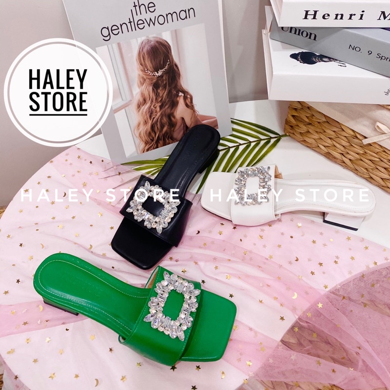 Guốc nữ HALEY STORE đế vuông 4cm quai ngang đính đá xoàn lấp lánh sang trọng mềm mại êm chân rẻ bền đẹp