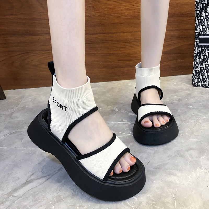 Giày Sandal Dệt Kim Đế Xuồng Dày Hở Mũi Chống Trượt Thoải Mái Phong Cách Mới Cho Nữ