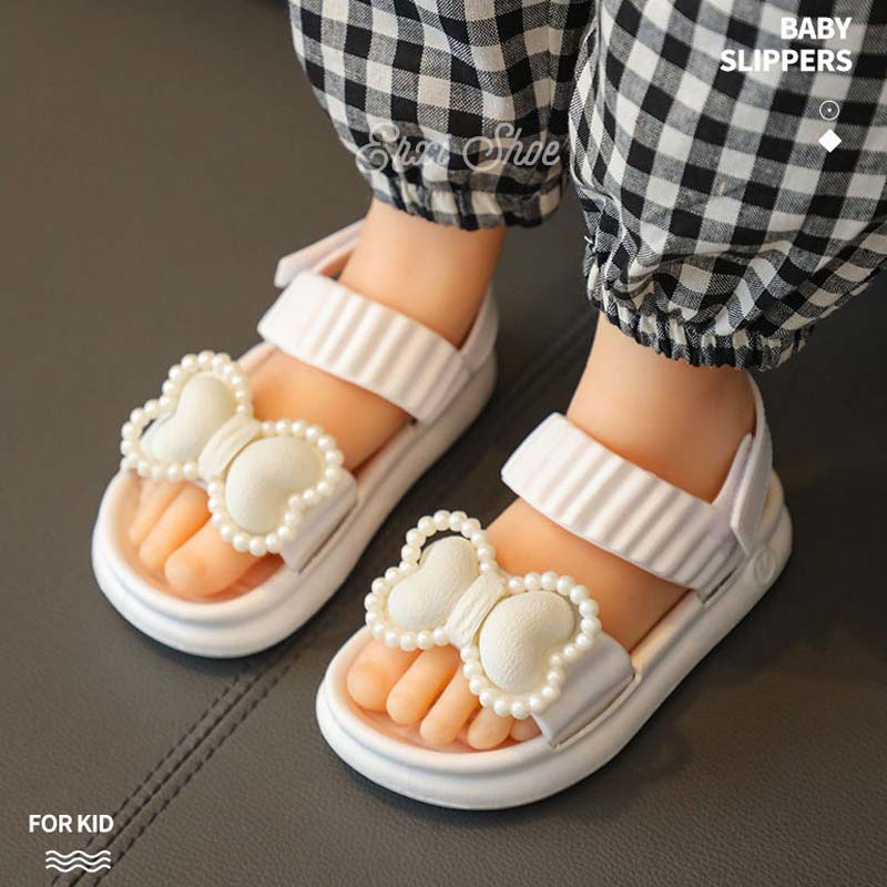 Xăng đan Đế Bằng Chống Thấm Nước Đính Nơ Ngọc Trai Xinh Xắn Cho Bé