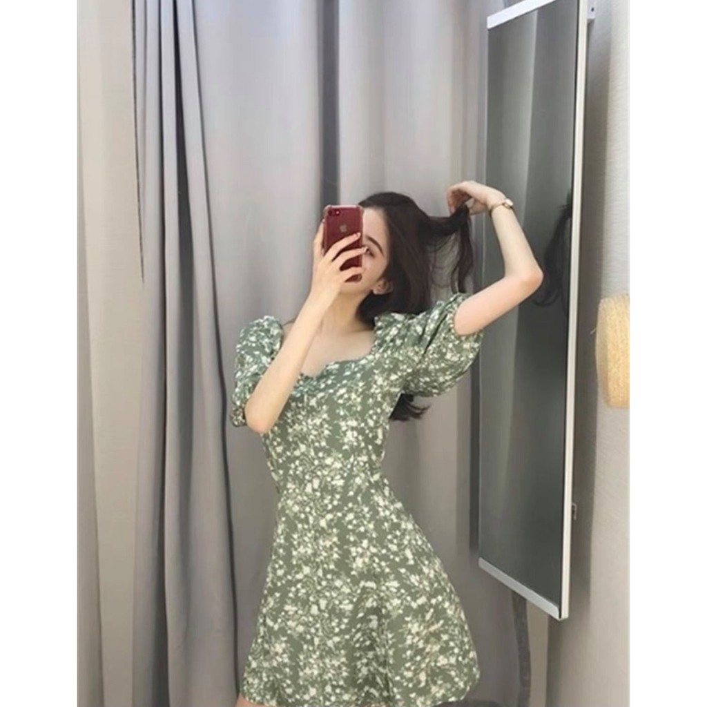 🍬🍬 Váy Hoa Trà Cổ Vuông,Đầm Hoa Trà Cổ Vuông Retro Kiểu Pháp Cho Nữ 🍬🍬