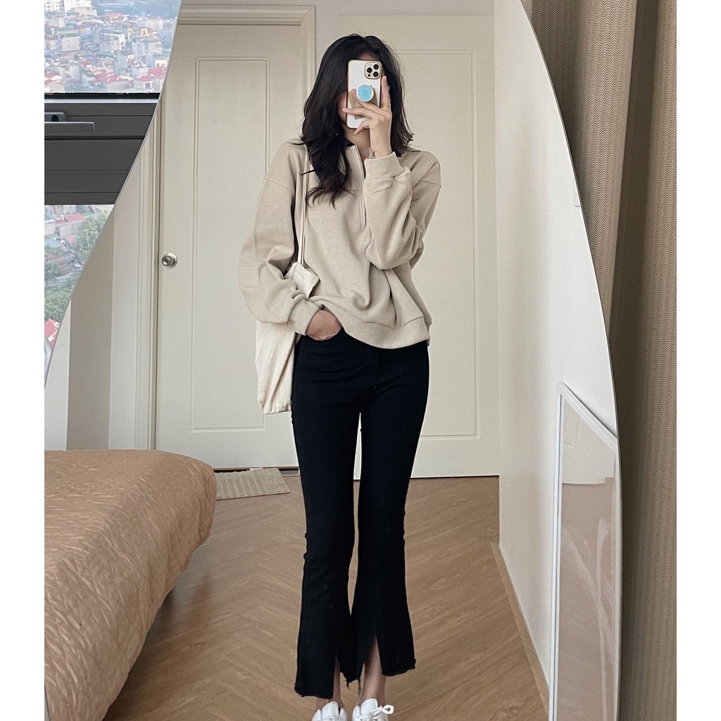 (ảnh thật) Audrey Quần jeans đen loe xẻ giữa 2404