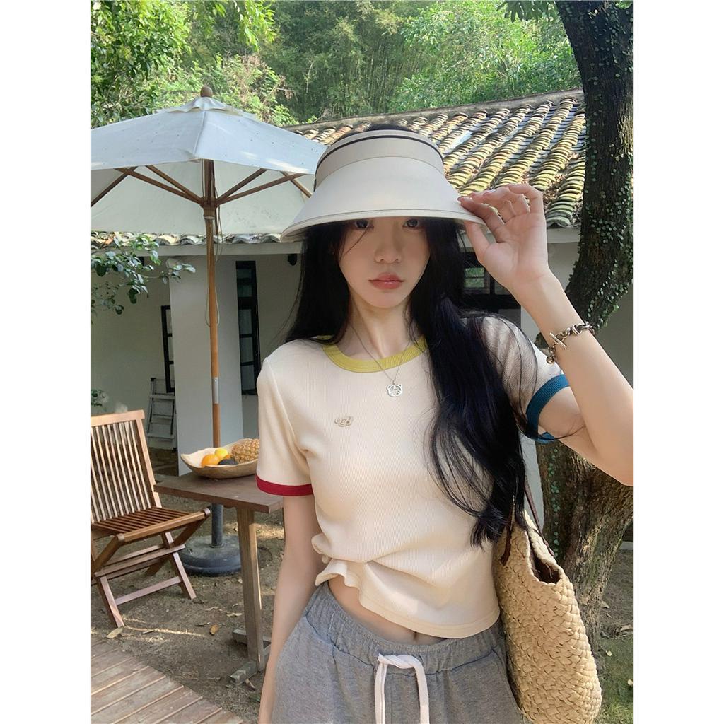 ZHELIHANGFEI Áo Thun Cotton Tay Ngắn Hở Vai Màu Sắc Tương Phản Thời Trang Dành Cho Nữ