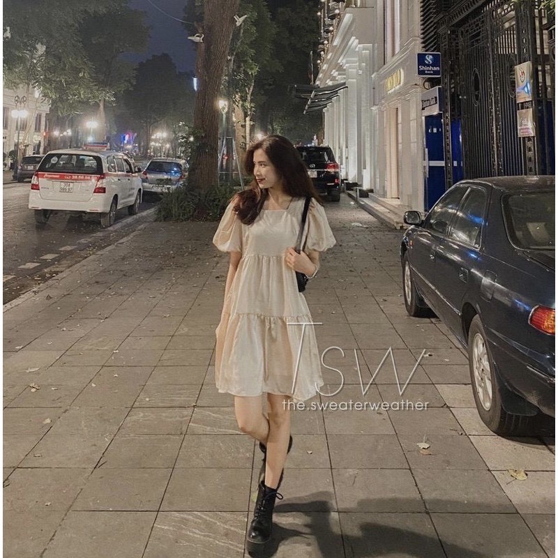 [Ảnh thật/Sẵn] Váy babydoll cổ vuông tay bồng/Đầm babydoll tay bồng