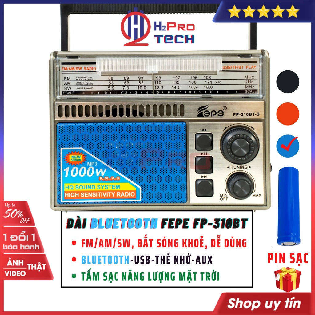 Đài Radio Năng Lượng Mặt Trời Fepe 310BT Bluetooth, Đài Fm-Am-Sw, Pin Sạc, Máy Radio Nghe Nhạc Cho Người Già-H2Pro Tech