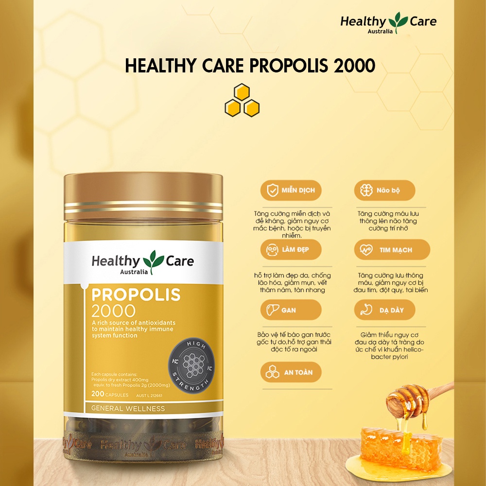 Viên Uống Keo Ong Úc Healthy Care Propolis Tăng Cường Miễn Dịch Hỗ Trợ Sức Khỏe 200 viên Extaste