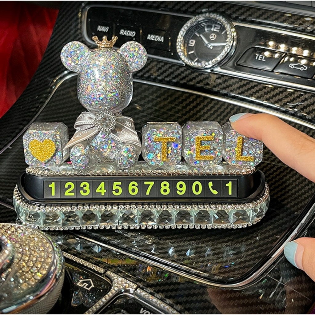 Bảng Số Điện Thoại Đặt Taplo Oto Đính Đá Gắn Gấu Teddy Dễ Thương