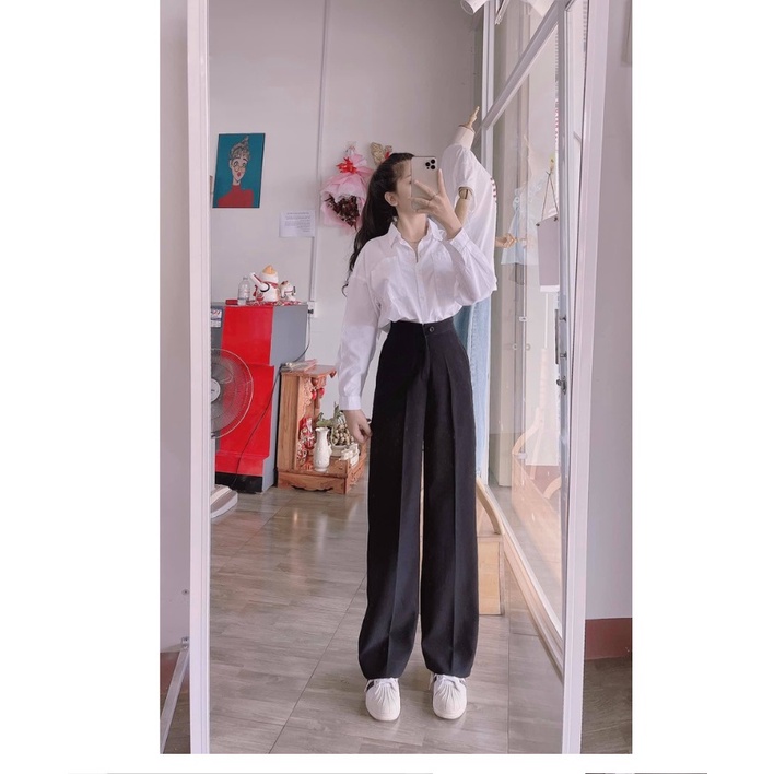 Khóa Giữa, Quần Ống Rộng Suông lưng cao khóa trước 1 khuy Chất Vải Tuyết Mưa cao cấp  Cạp cao mã_KL666