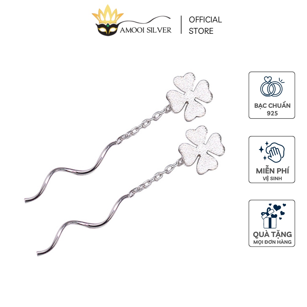 Bông Tai Bạc S925 Mẫu Cỏ 4 Lá Dáng Tua Dài Xỏ Qua Tai - Amooi Silver AB143