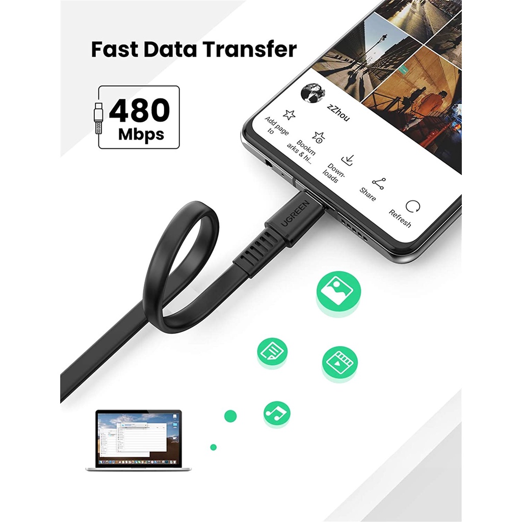 Cáp sạc nhanh 2 đầu USB type C 60W dạng dẹt UGREEN US333 dài từ 0.5-2m