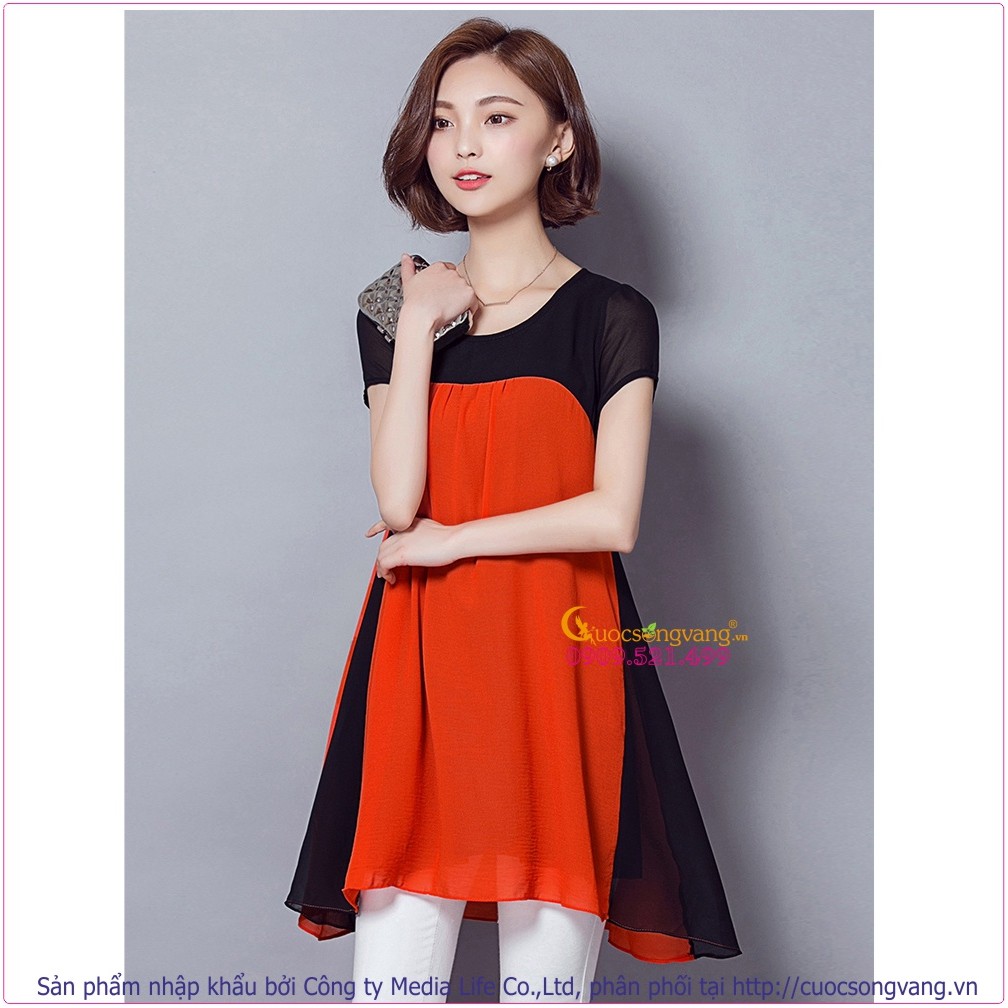Áo nữ áo kiểu dáng dài cổ tròn ngắn tay in hoa GLA107 Cuocsongvang