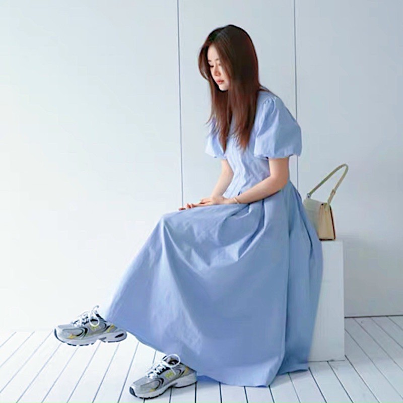 Đầm váy cổ tròn xếp li 4 màu